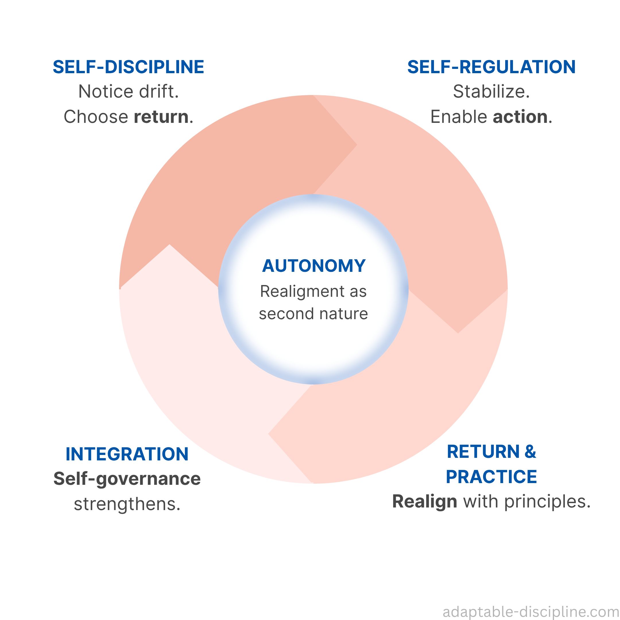 The Practice Loop: Self-Discipline (notice drift, choose return) → Self-Regulation (stabilize, enable action) → Return & Practice (realign with principles) → Integration (self-governance strengthens) → loops back. Autonomy emerges when the loop is stable.